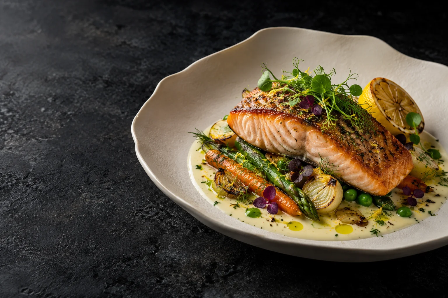 Salmon plated with fresh herbs and seasonal vegetables